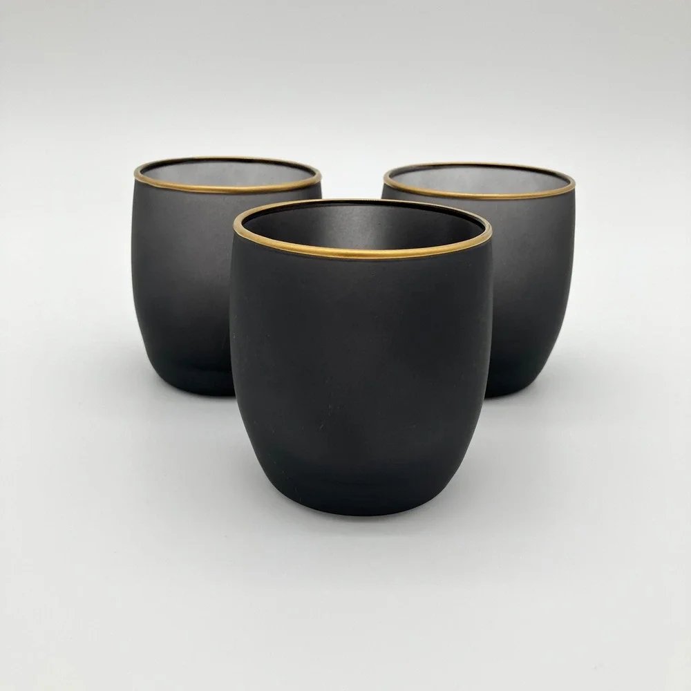 Votive Candle Holders Set of 3 Matte Black Gold Rim Frosted Glass